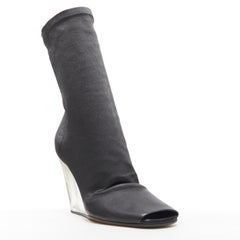 new RICK OWENS black stretch leather square slit toe clear wedge sock boot EU36