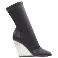 new RICK OWENS black stretch leather square slit toe clear wedge sock boot EU36
