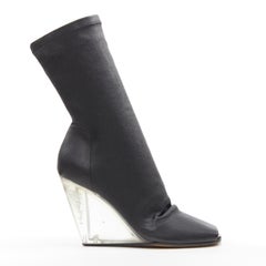 new RICK OWENS black stretch leather square slit toe clear wedge sock boot EU37