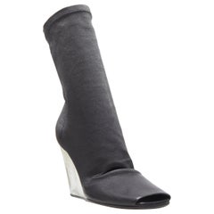 new RICK OWENS black stretch leather square slit toe clear wedge sock boot EU37