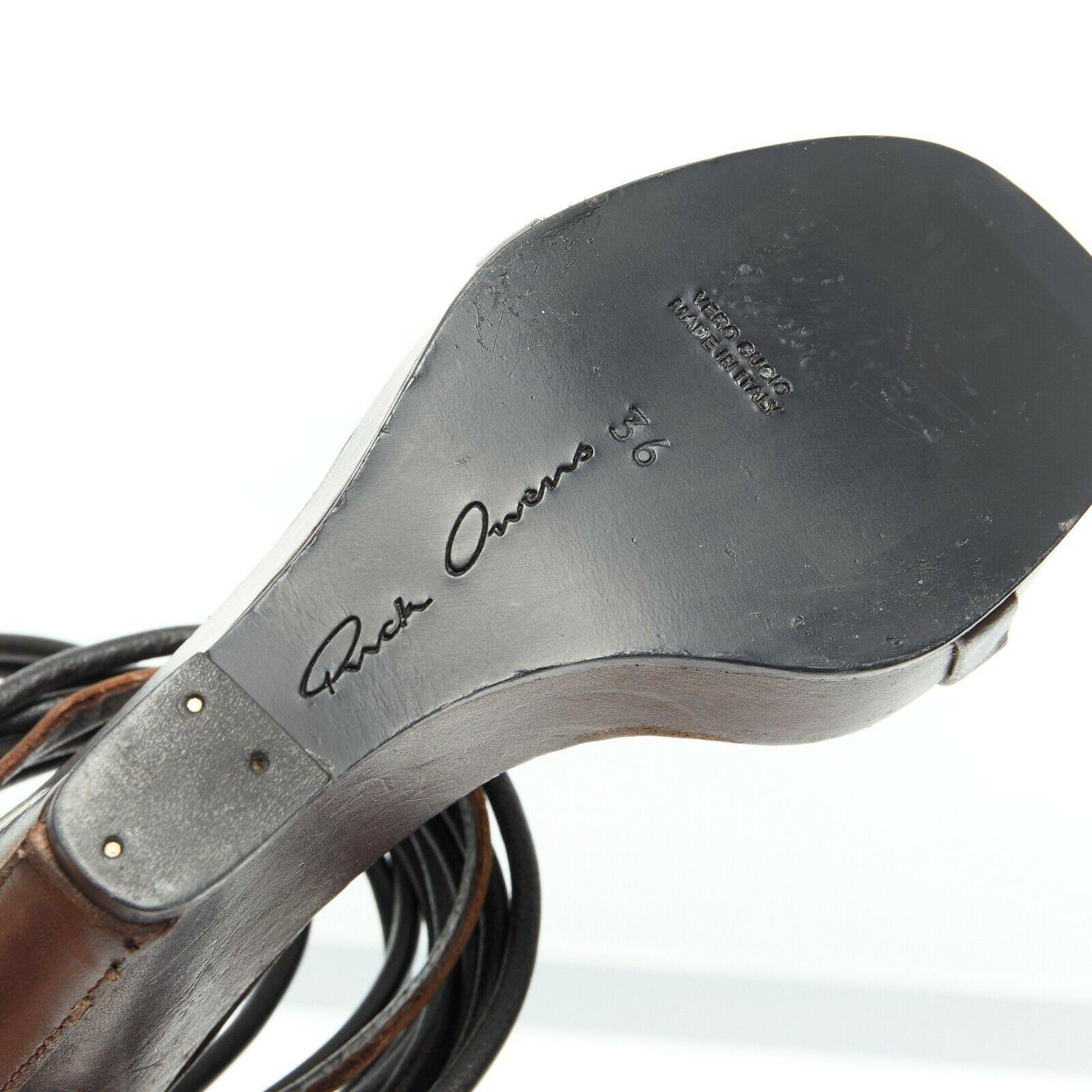 new RICK OWENS distressed brown leather multi strap wedge heel slip on mule EU36 4
