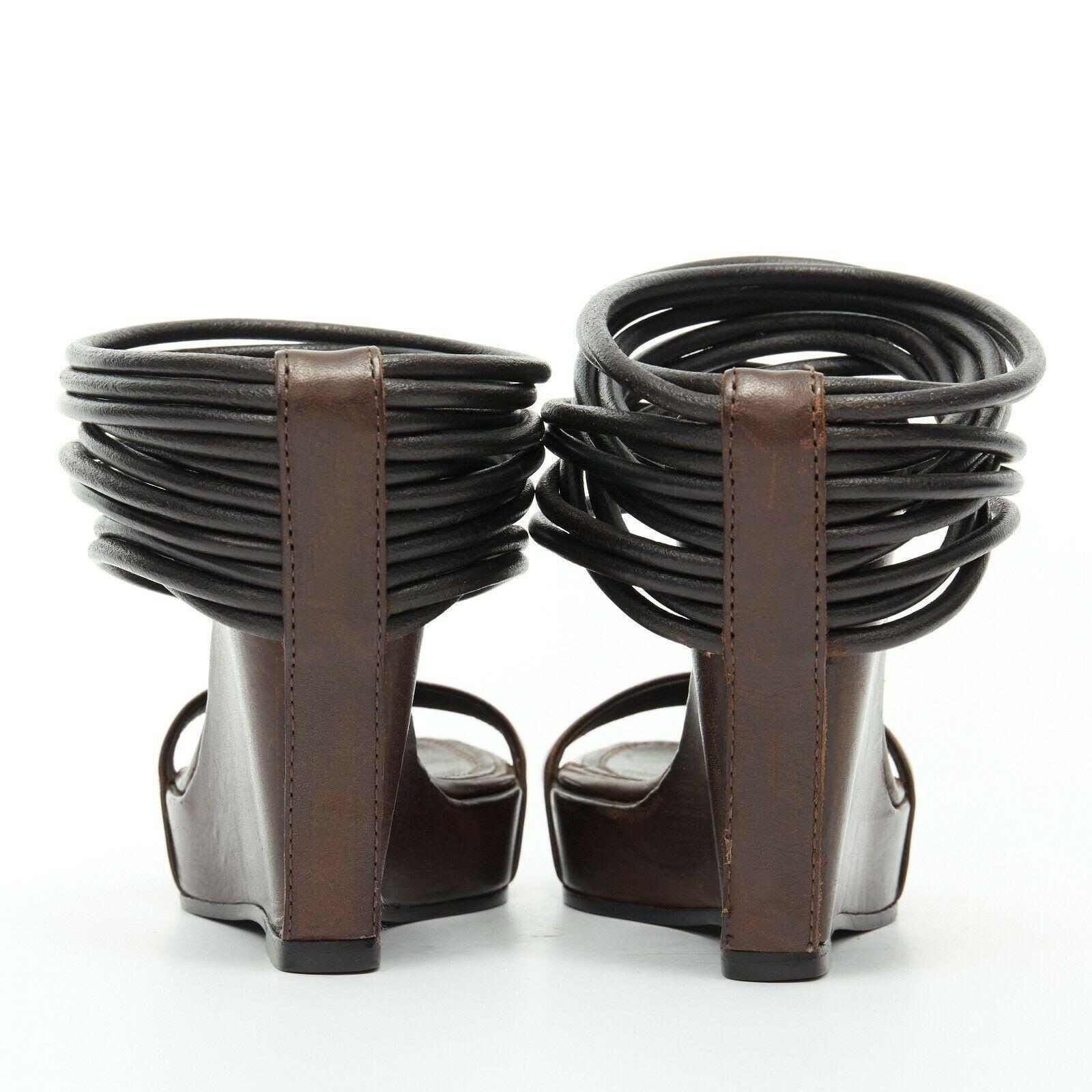 Black new RICK OWENS distressed brown leather multi strap wedge heel slip on mule EU36
