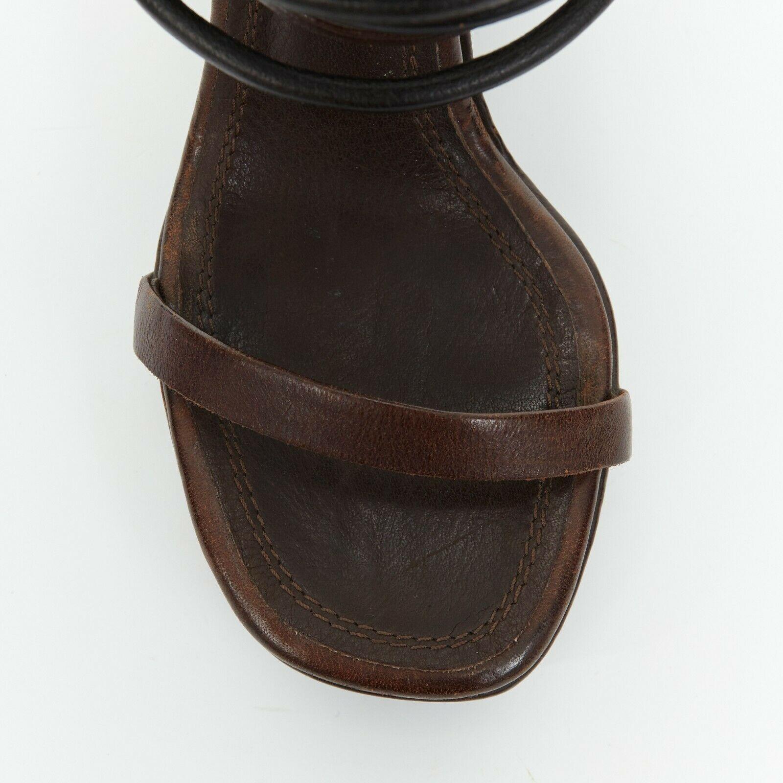 Women's new RICK OWENS distressed brown leather multi strap wedge heel slip on mule EU36