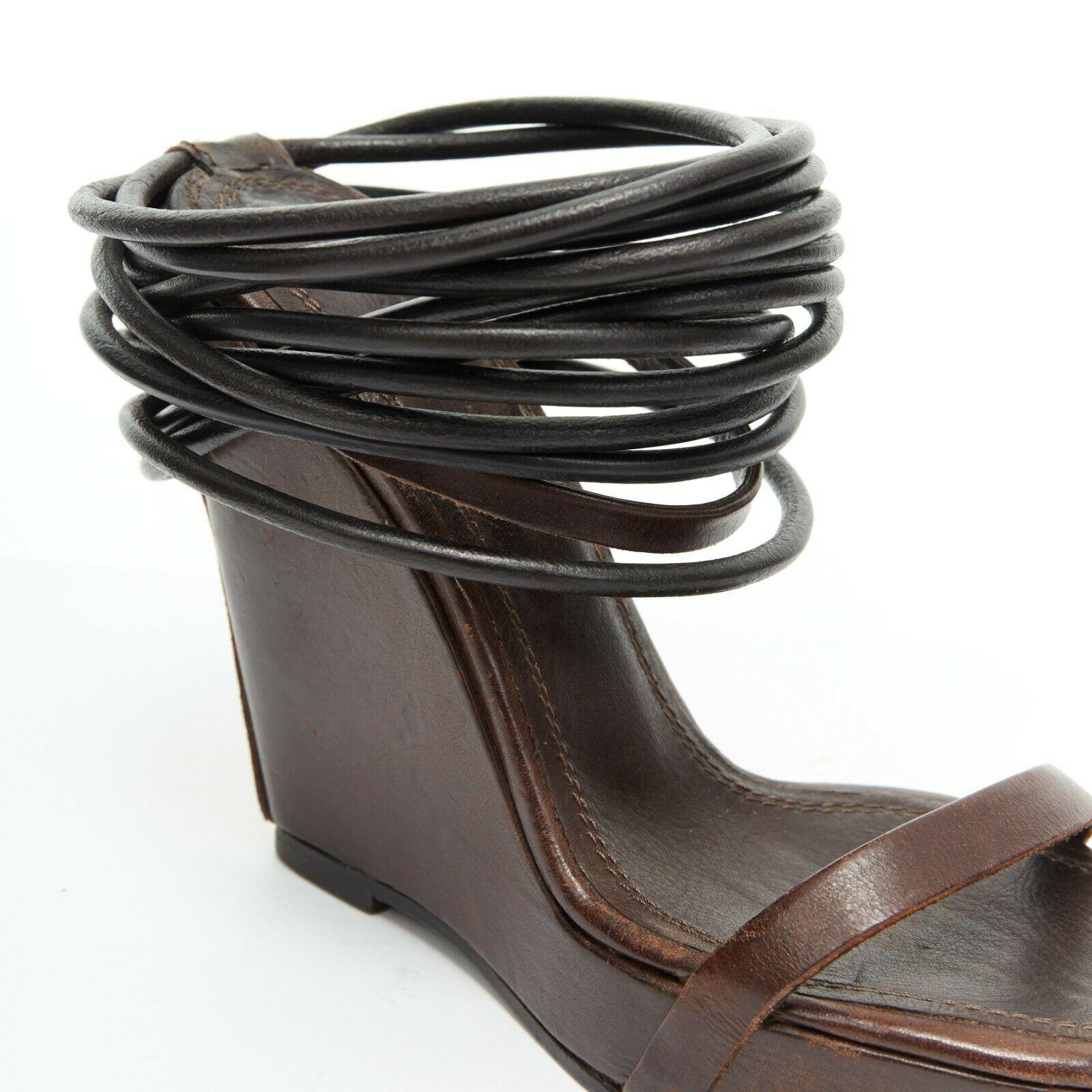 new RICK OWENS distressed brown leather multi strap wedge heel slip on mule EU36 1