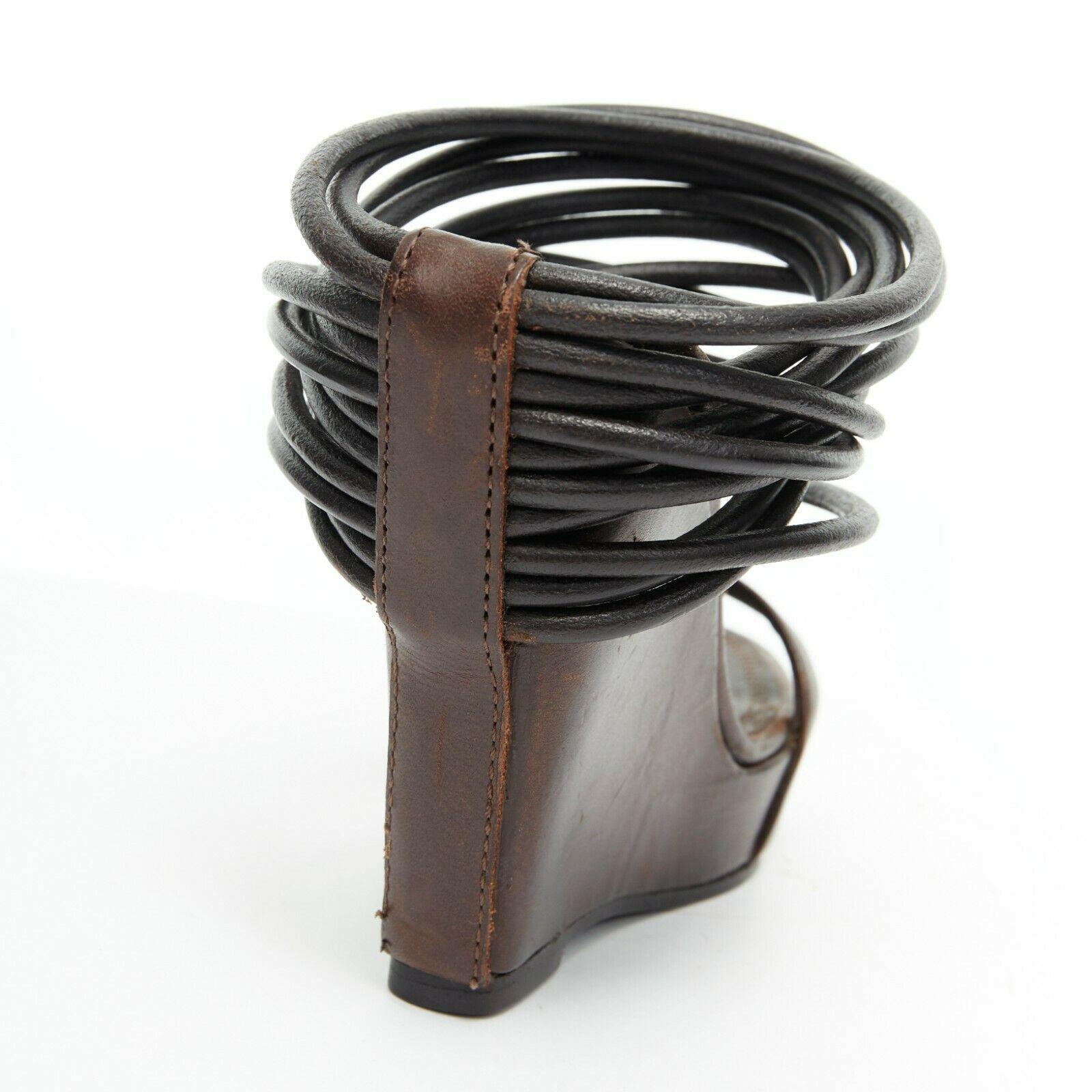 new RICK OWENS distressed brown leather multi strap wedge heel slip on mule EU36 2
