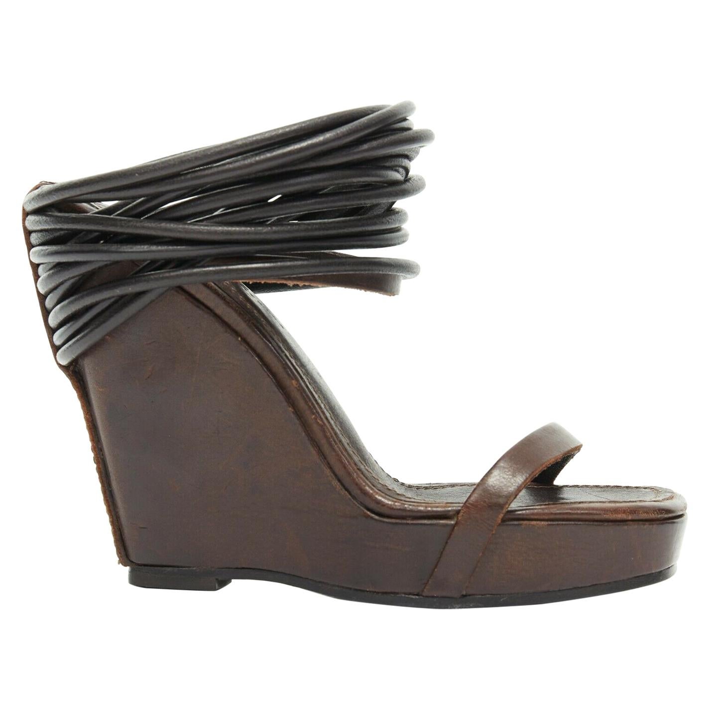 new RICK OWENS distressed brown leather multi strap wedge heel slip on mule EU36
