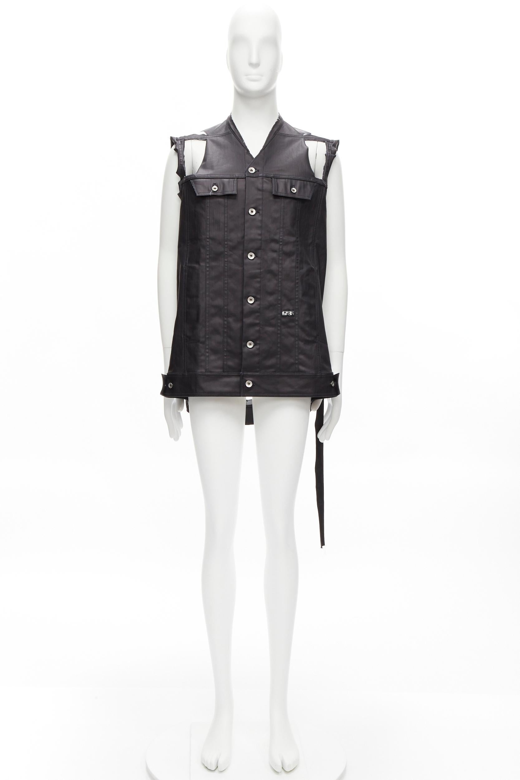 new RICK OWENS DRKSHDW Jumbo Trucker black coated denim deconstructed vest M For Sale 6