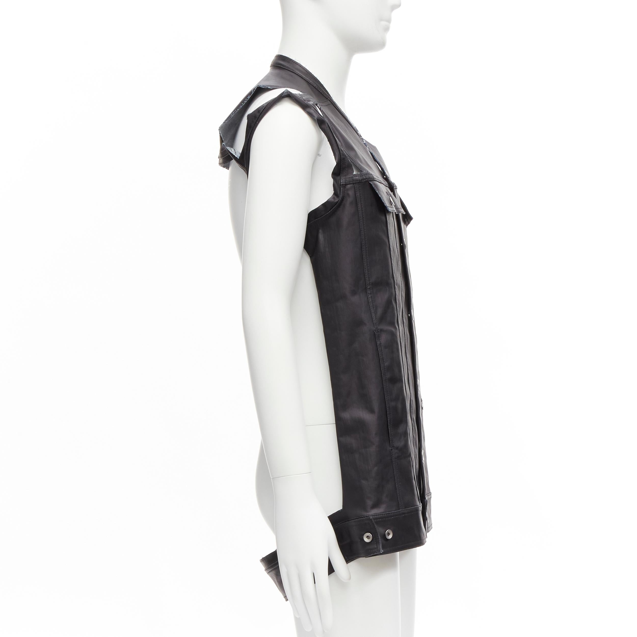 Men's new RICK OWENS DRKSHDW Jumbo Trucker black coated denim deconstructed vest M For Sale