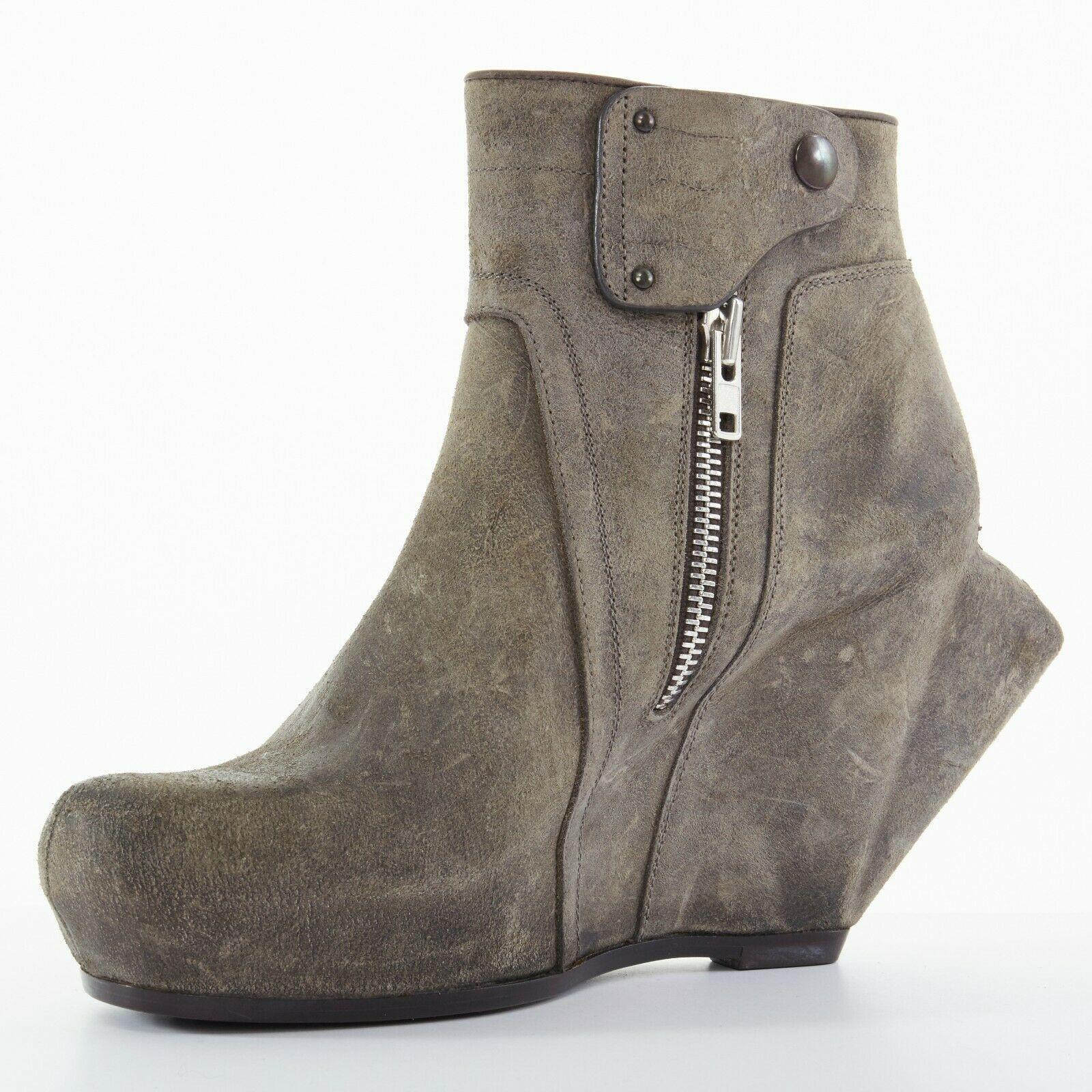 Gray new RICK OWENS grey distressed leather angular sculpted wedge bootie heel EU40
