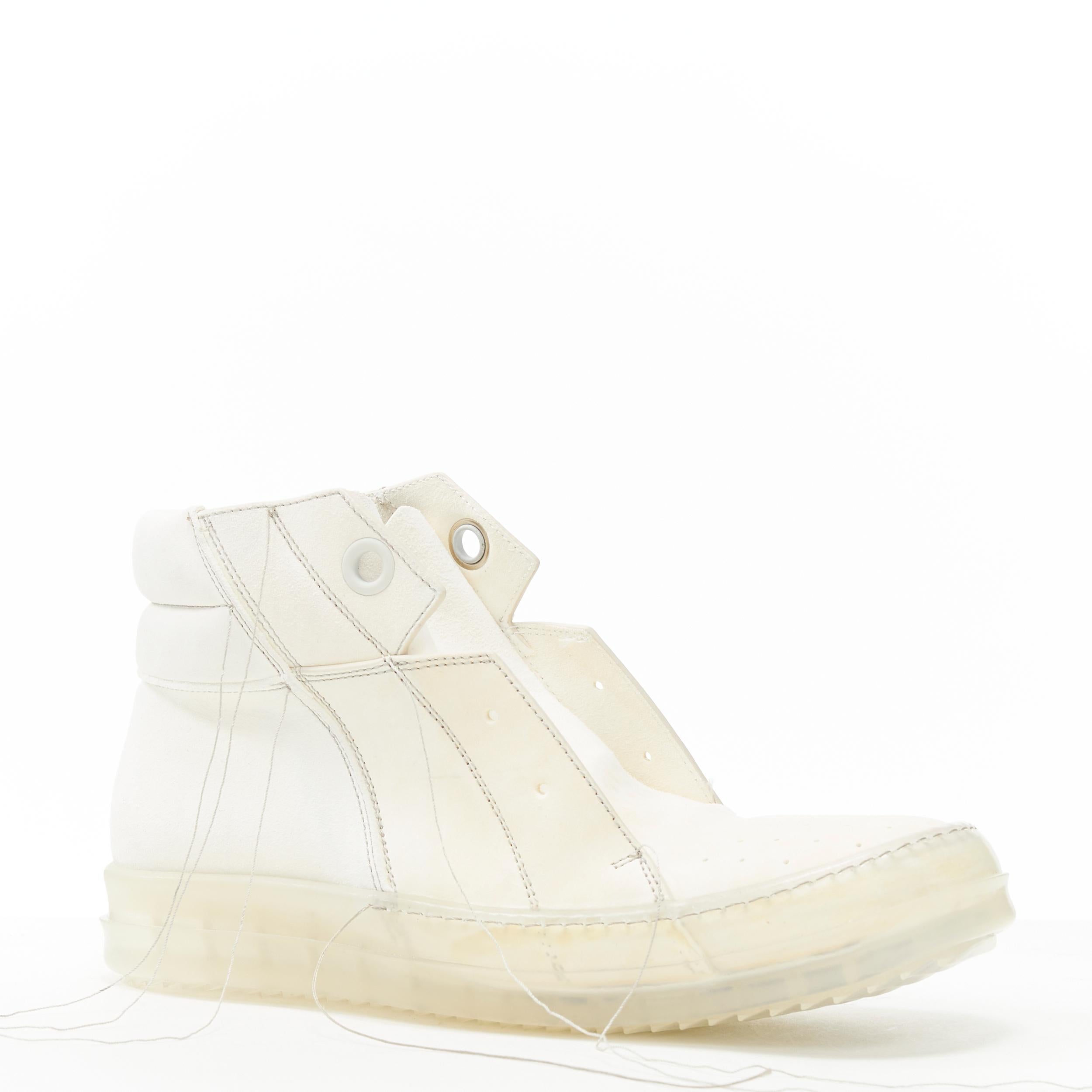new RICK OWENS Island Dunk long thread distressed milk clear sole high dunk EU37 
Reference: TGAS/B01171 
Brand: Rick Owens 
Designer: Rick Owens 
Model: Island Dunk Milk 
Material: Leather 
Color: White 
Pattern: Solid 
Closure: Lace Up 
Extra