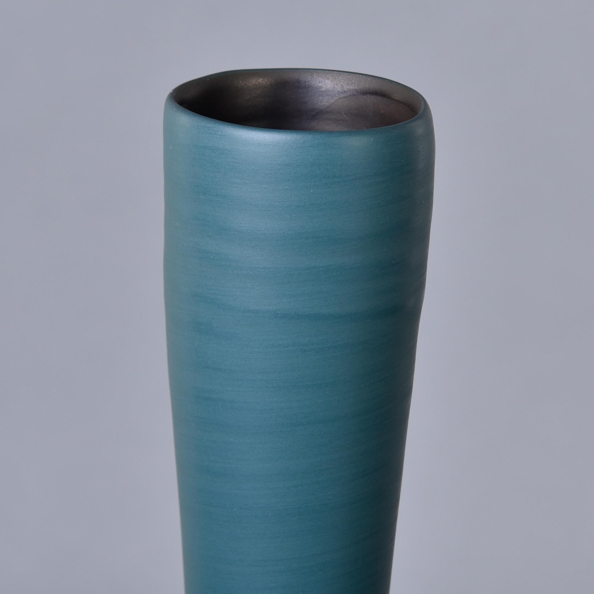 Ceramic New Rina Menardi Tall Flute Vase in Dark Mint Glaze For Sale