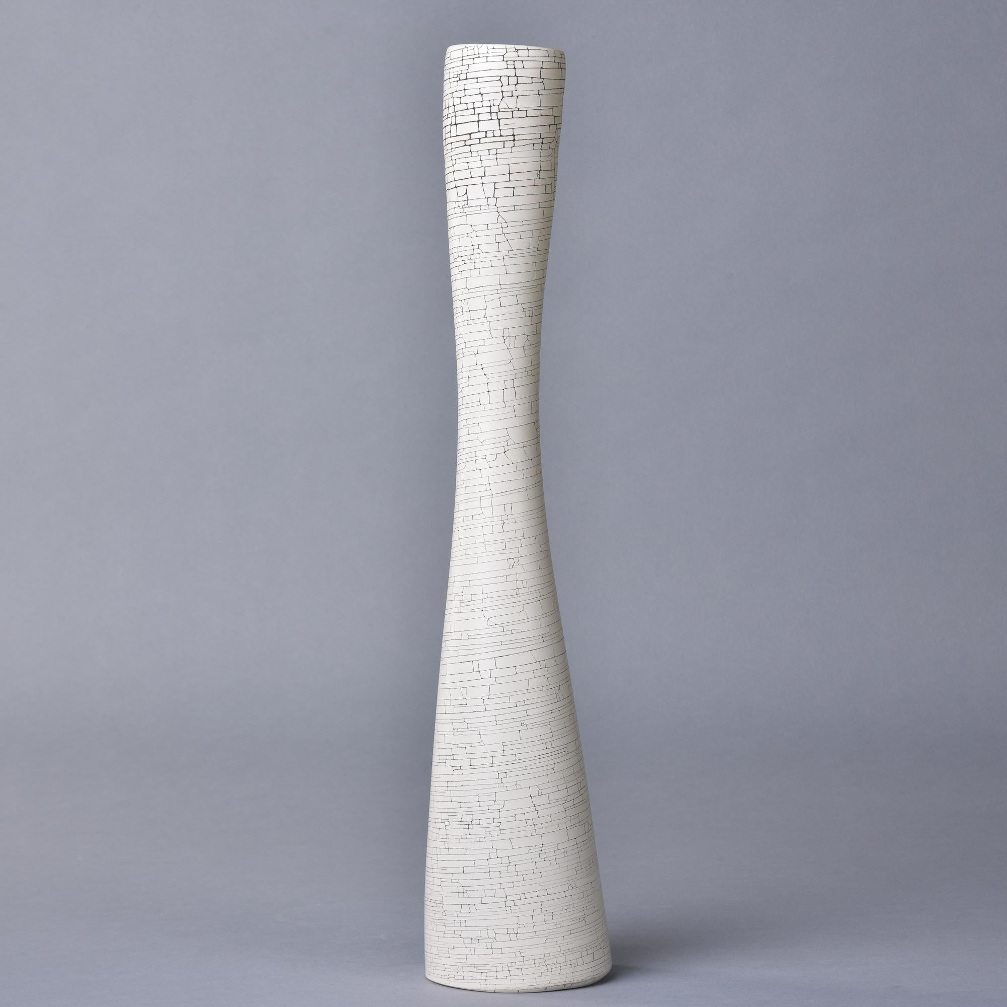Italian New Rina Menardi Tall White Crackle Flute Vase For Sale