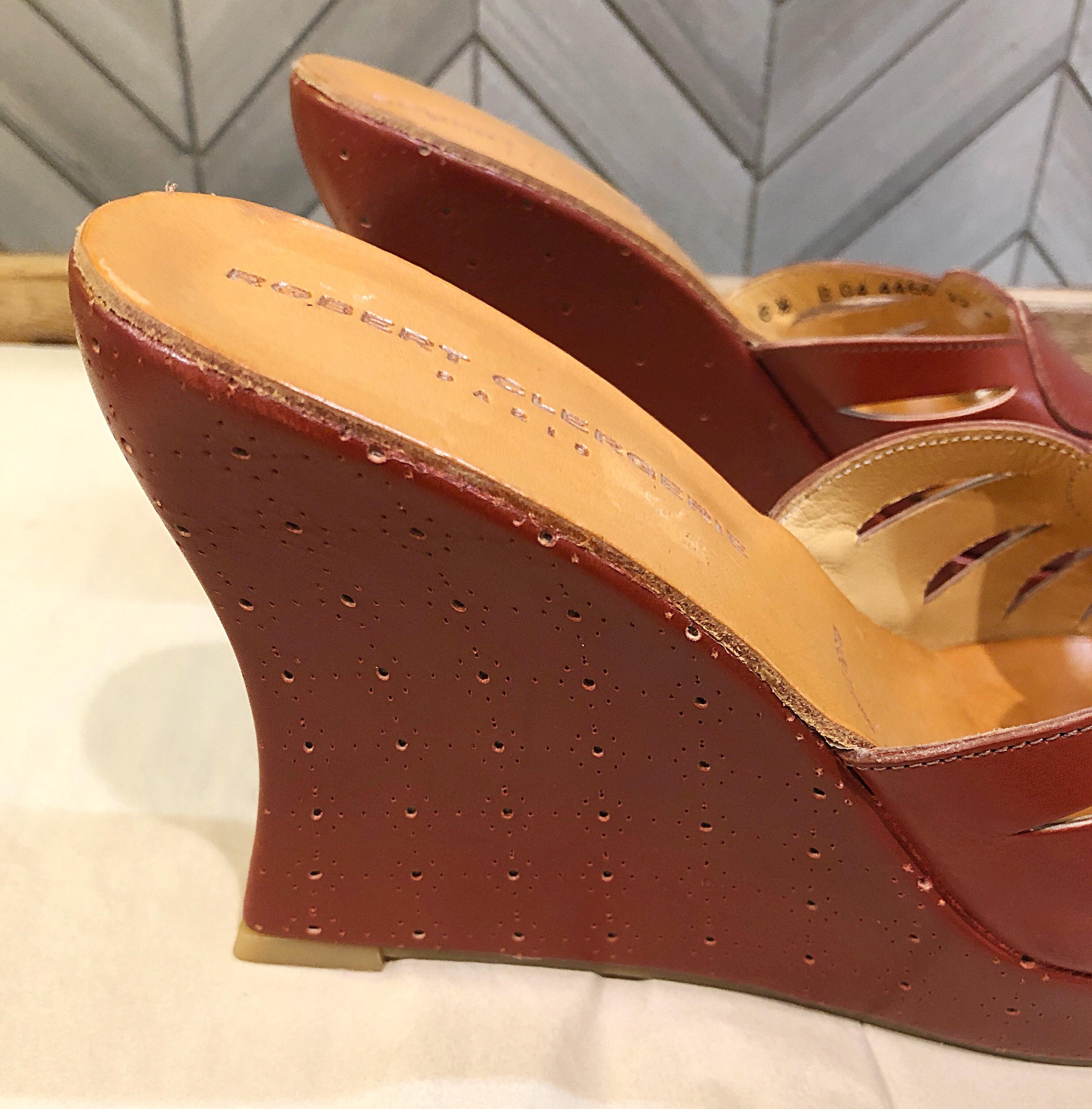 New Robert Clergerie Size 6.5 1990s Cordovan Red Brown Heart Slides Wedges Shoes 2