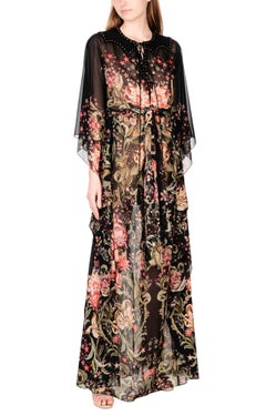 New Roberto Cavalli 100% Silk Studded Floral Caftan-Style Long Dress w / Belt 40