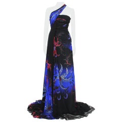 New Roberto Cavalli $6520 Silk Corset Gold Leafing One Shoulder Dress Gown 38