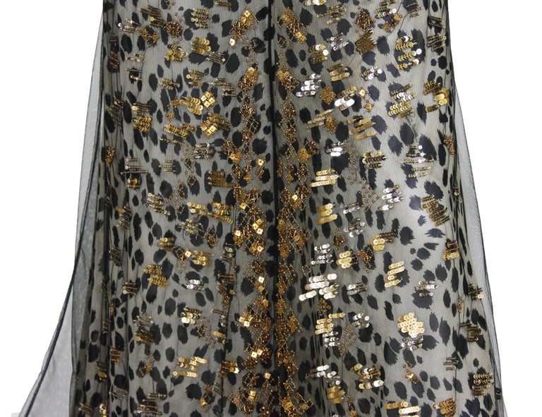 New Roberto Cavalli 6600 Silk Black Net Beaded Leopard Print Dress