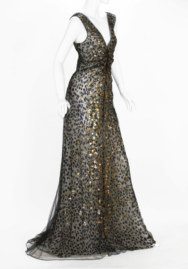 New Roberto Cavalli 6600 Silk Black Net Beaded Leopard Print Dress