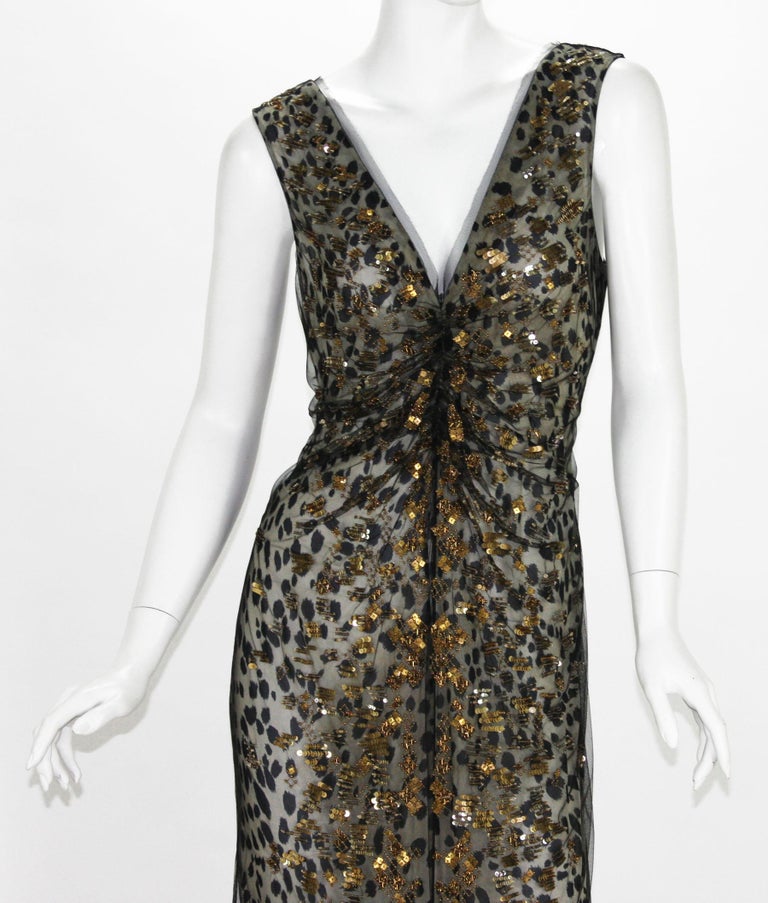 New Roberto Cavalli 6600 Silk Black Net Beaded Leopard Print Dress