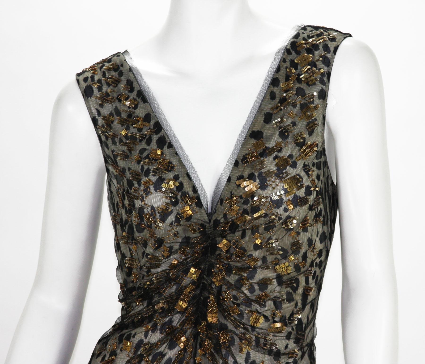 New Roberto Cavalli $6600 Silk Black Net Beaded Leopard Print Dress Gown It 44 In New Condition For Sale In Montgomery, TX