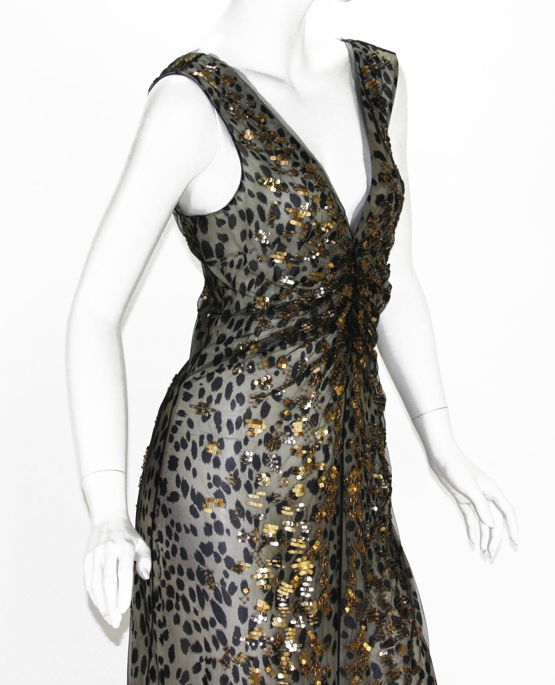Women's New Roberto Cavalli $6600 Silk Black Net Beaded Leopard Print Dress Gown It 44 For Sale