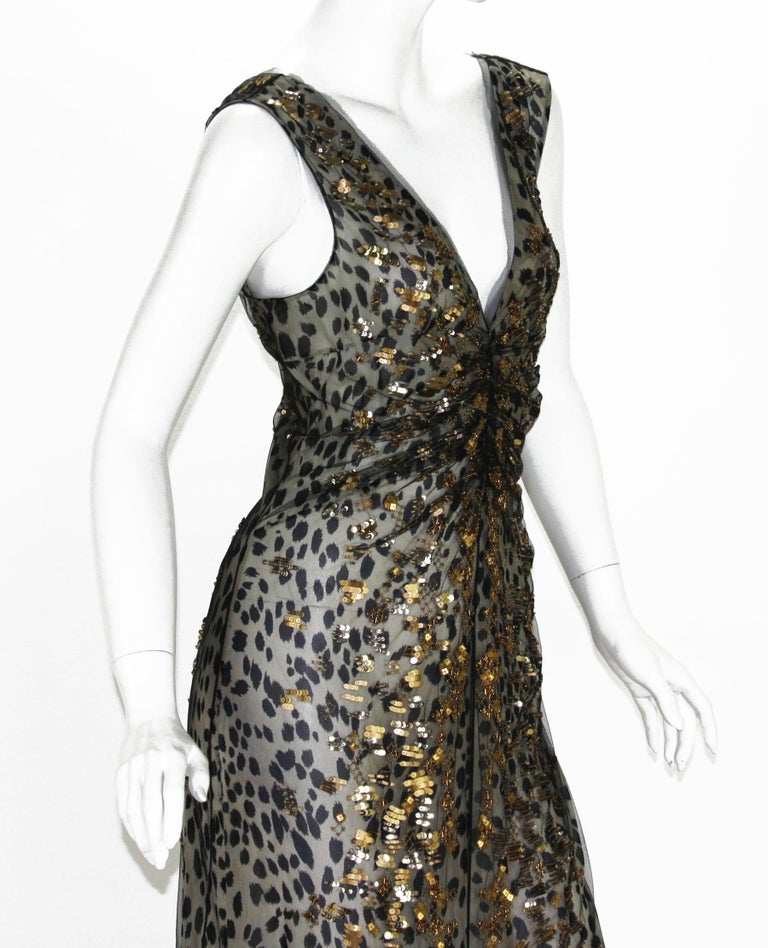 New Roberto Cavalli 6600 Silk Black Net Beaded Leopard Print Dress