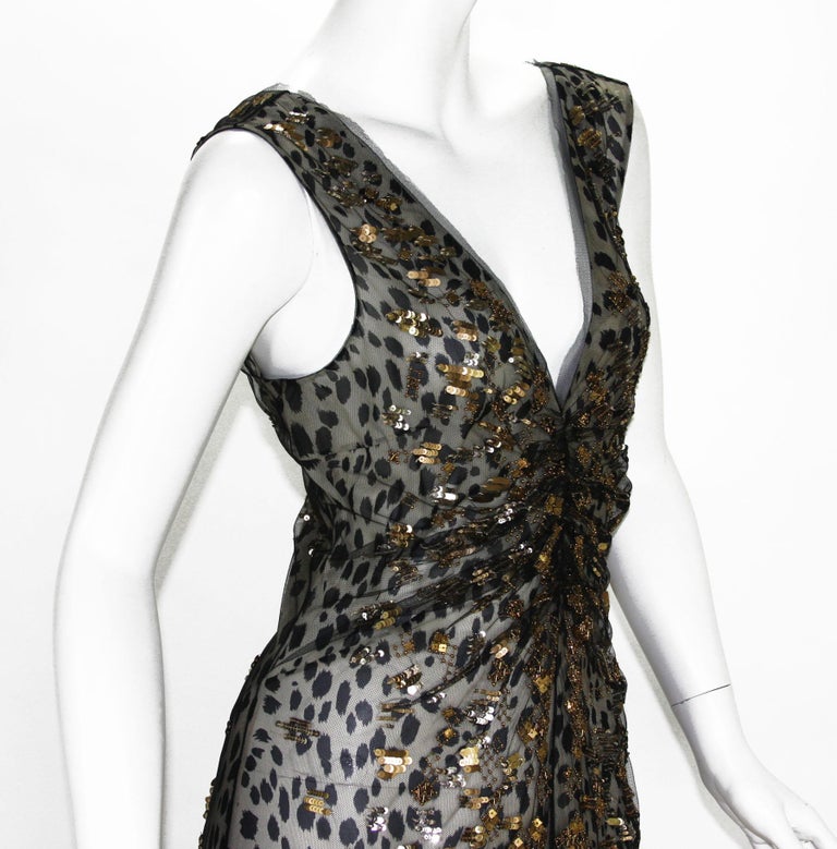 New Roberto Cavalli 6600 Silk Black Net Beaded Leopard Print Dress