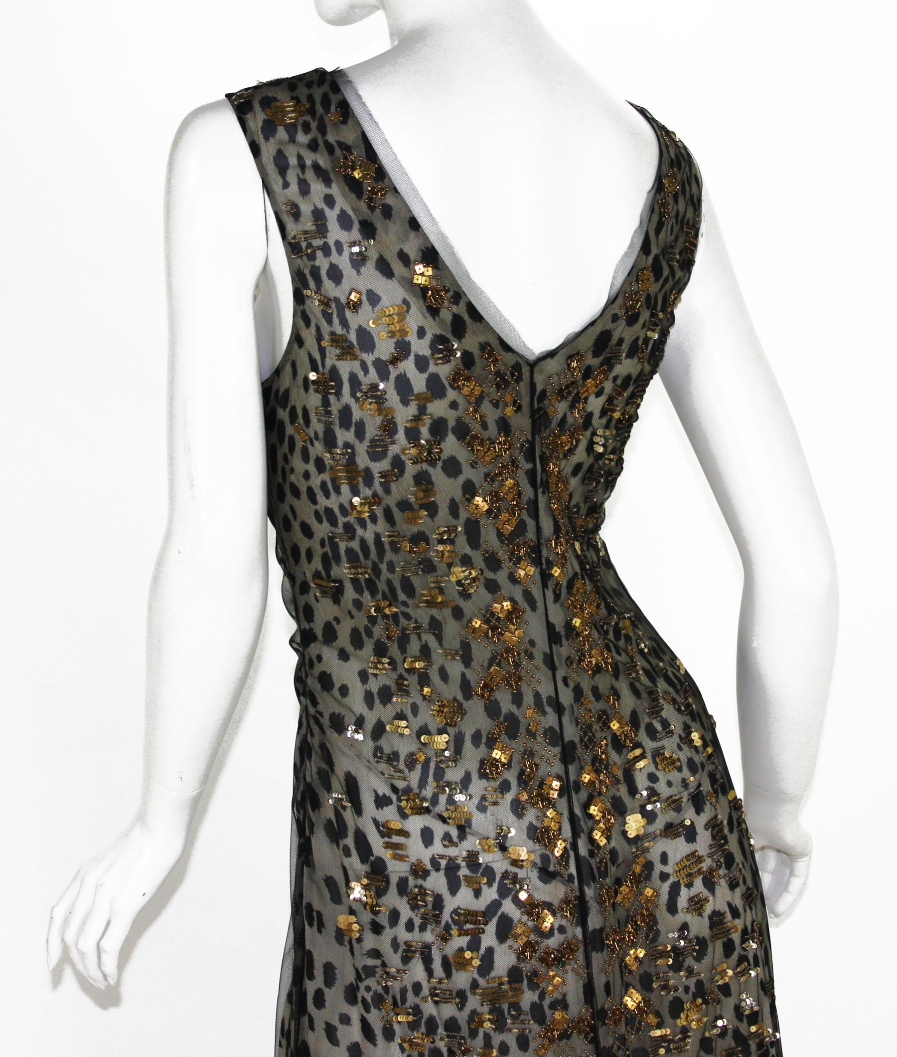 New Roberto Cavalli $6600 Silk Black Net Beaded Leopard Print Dress Gown It 44 For Sale 2
