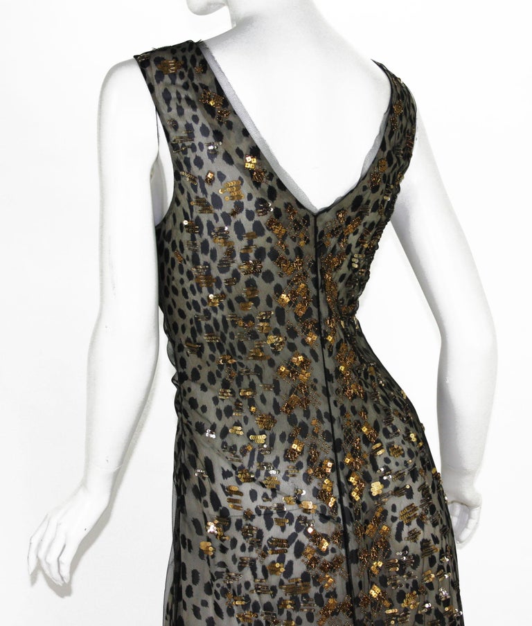 New Roberto Cavalli 6600 Silk Black Net Beaded Leopard Print Dress
