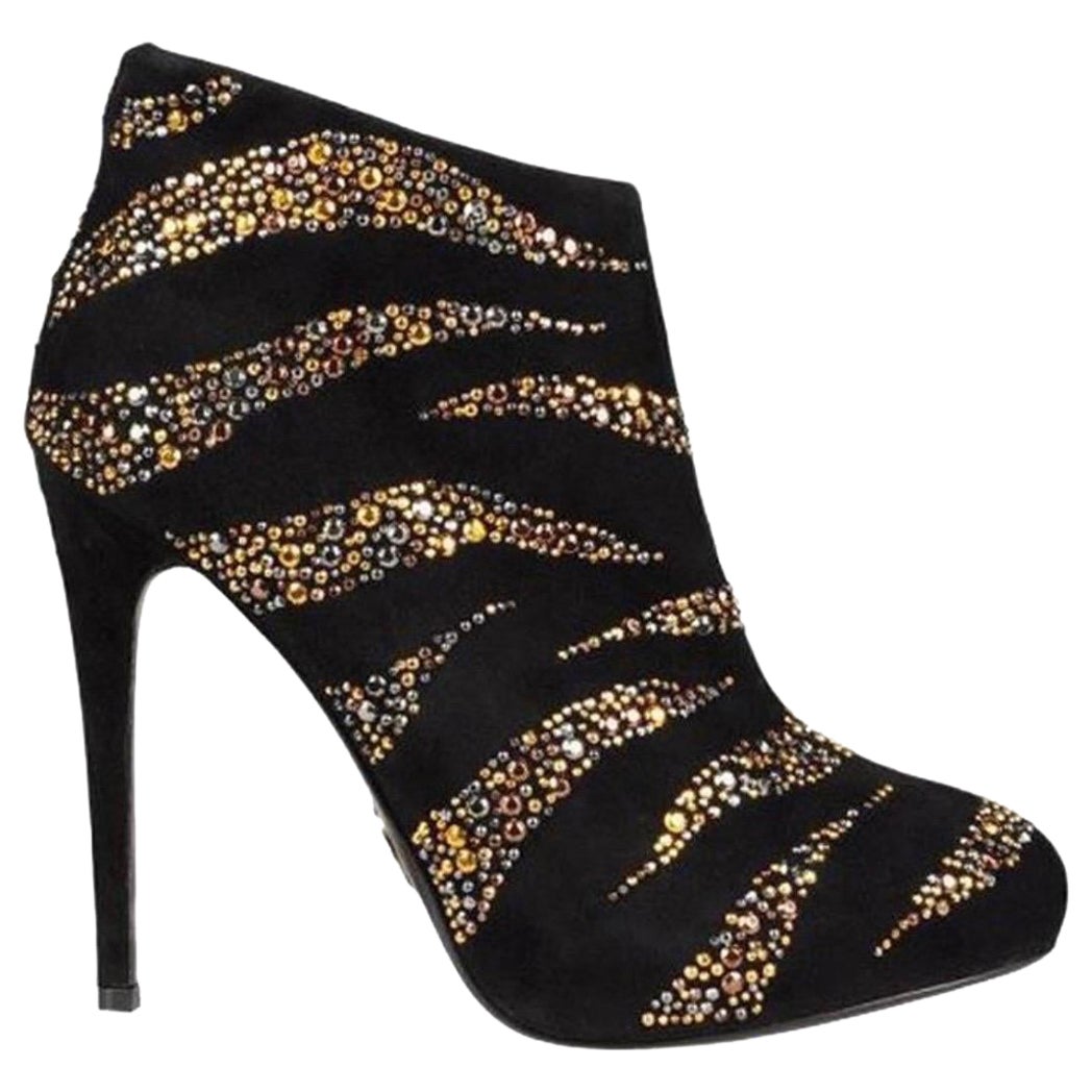 NEU Roberto Cavalli Schwarze kristallverzierte Plateaustiefeletten mit Kristallverzierung 37,5 - 7,5