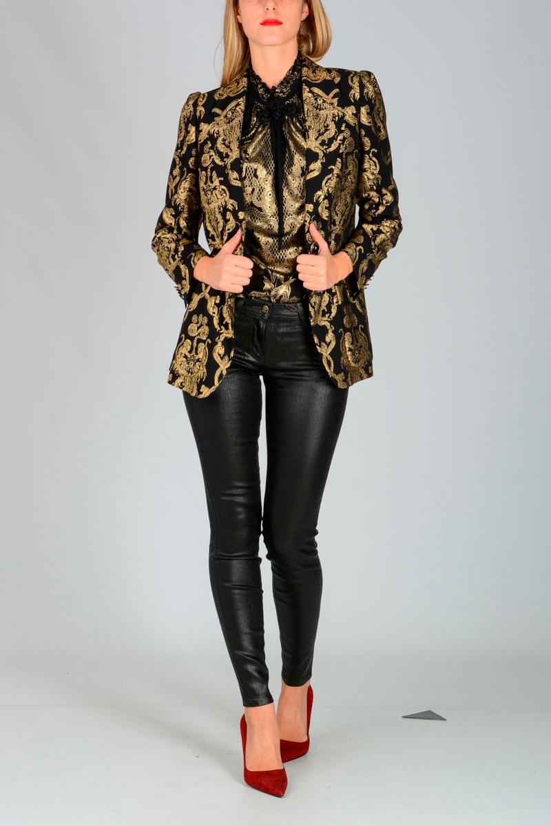 New Roberto Cavalli Black Gold Print Stretch Blouse For Sale 4