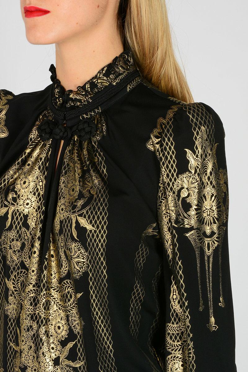 New Roberto Cavalli Black Gold Print Stretch Blouse In New Condition For Sale In Montgomery, TX