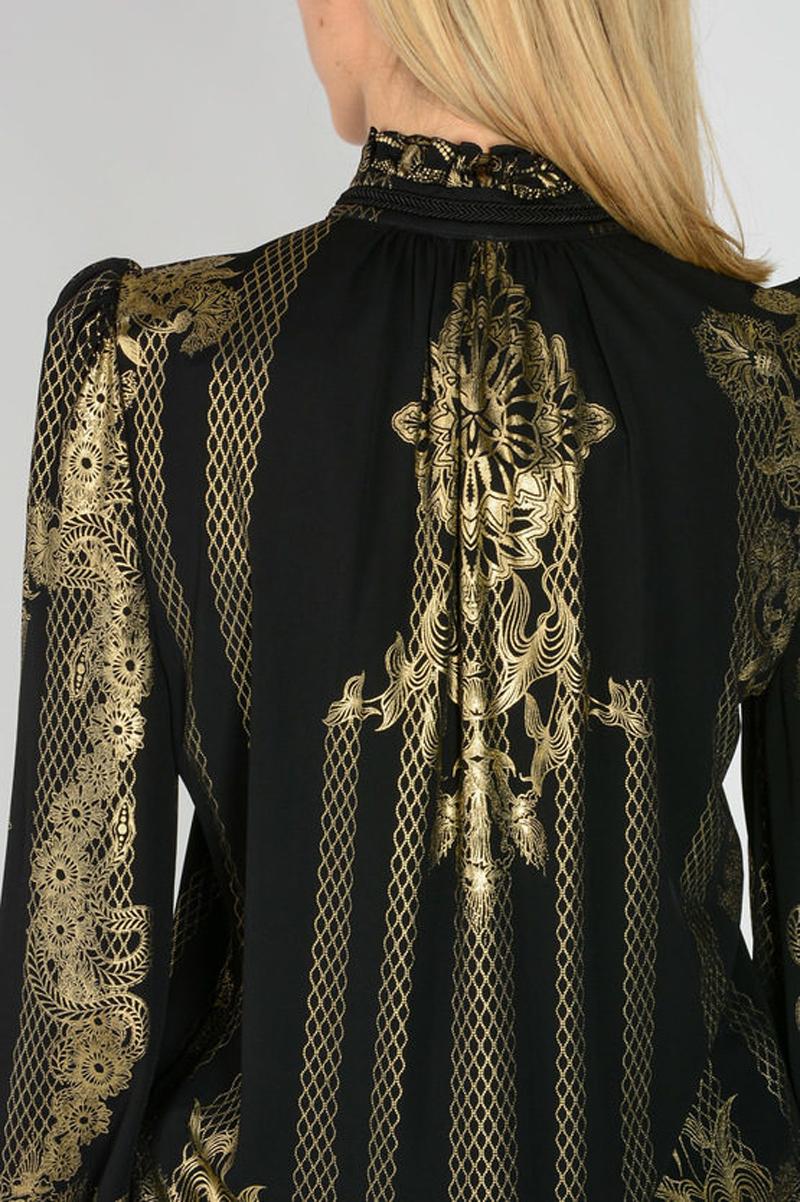 Women's New Roberto Cavalli Black Gold Print Stretch Blouse For Sale