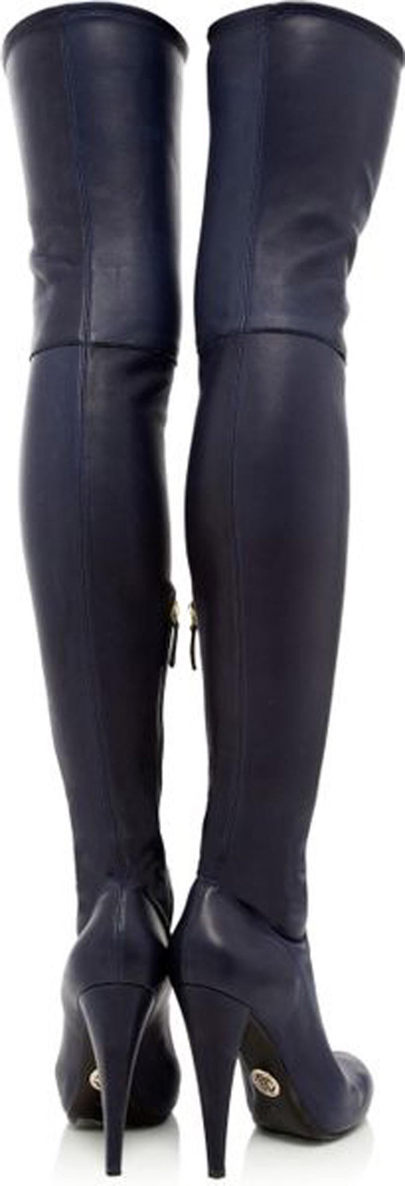 Black New Roberto Cavalli Blue Stretch Soft Leather Thigh High Heel Boots It.41  US 11 For Sale