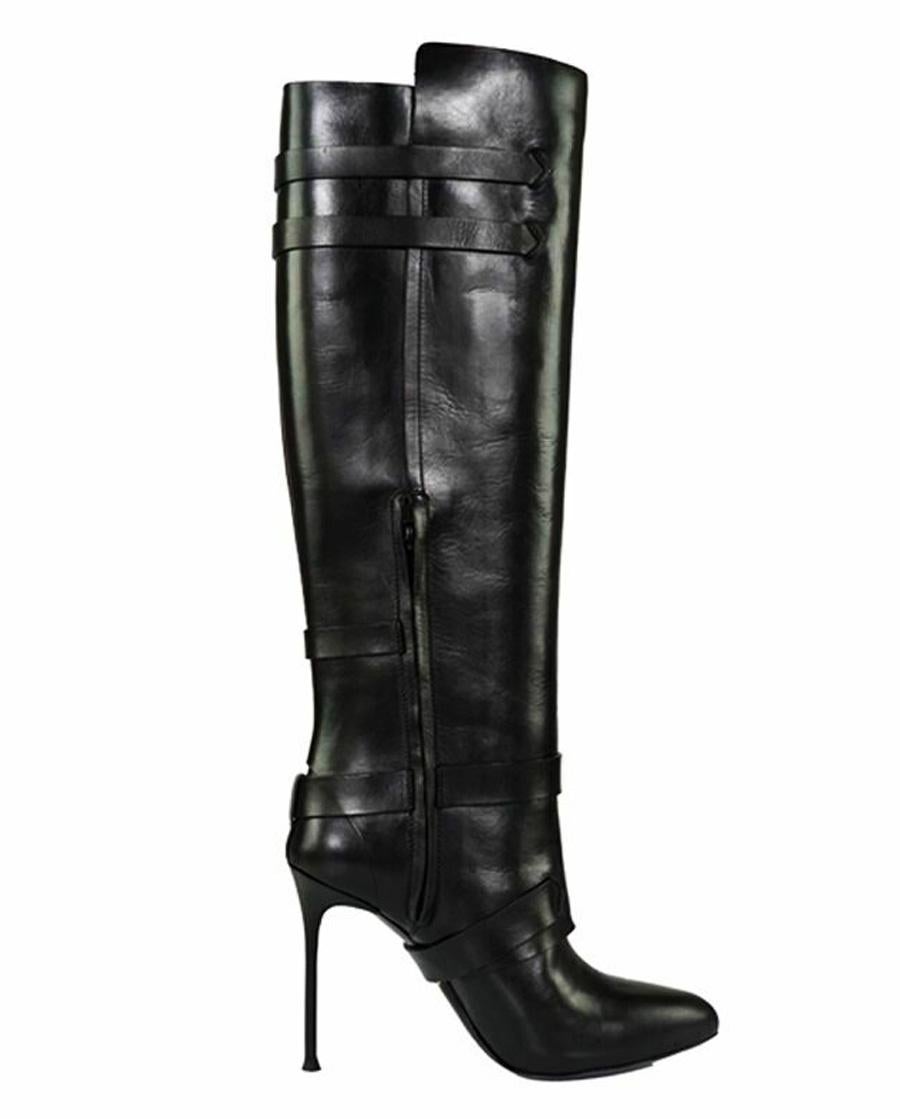 New Roberto Cavalli Buckle Stiletto Heel Black Leather Platform Boots 37 - US 7 For Sale 3