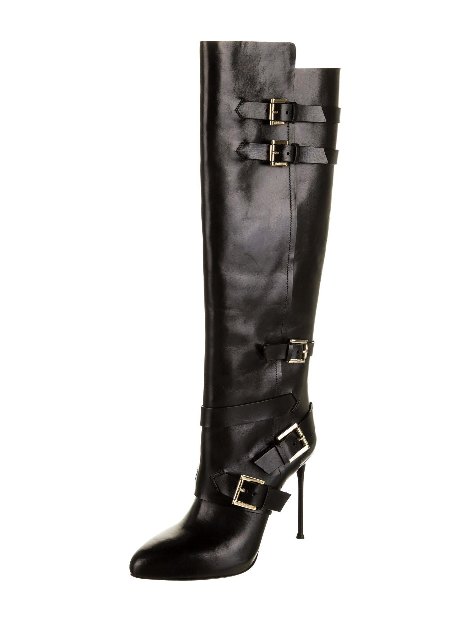 New Roberto Cavalli Buckle Stiletto Heel Black Leather Platform Boots 37 - US 7 For Sale 1