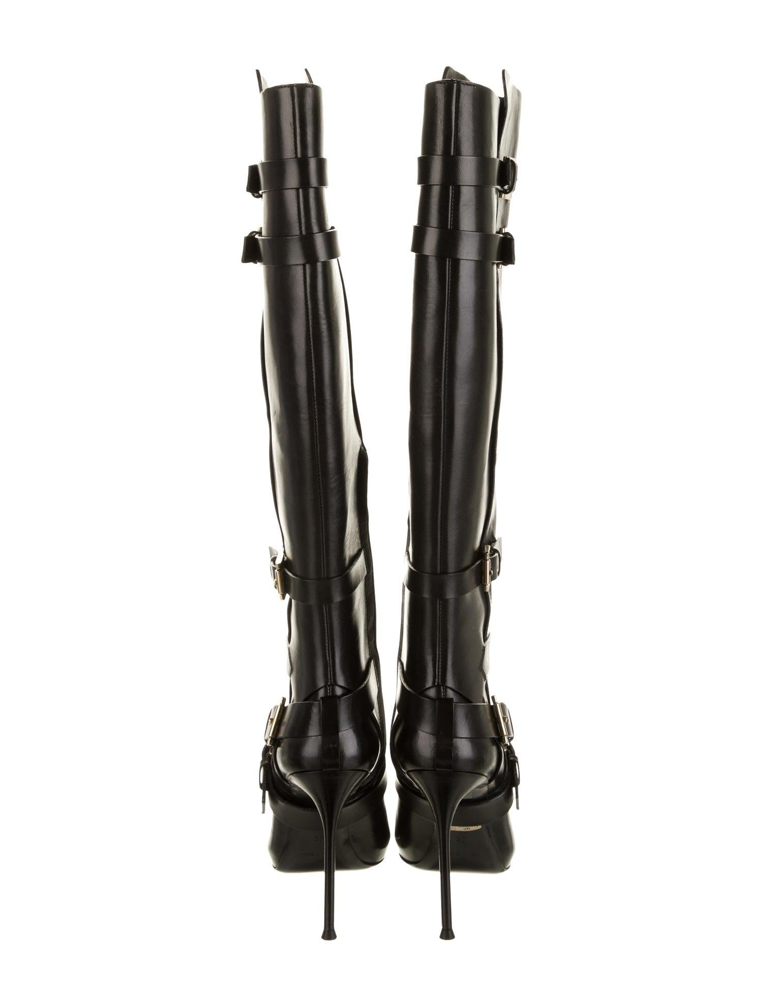 New Roberto Cavalli Buckle Stiletto Heel Black Leather Platform Boots 37 - US 7 For Sale 2
