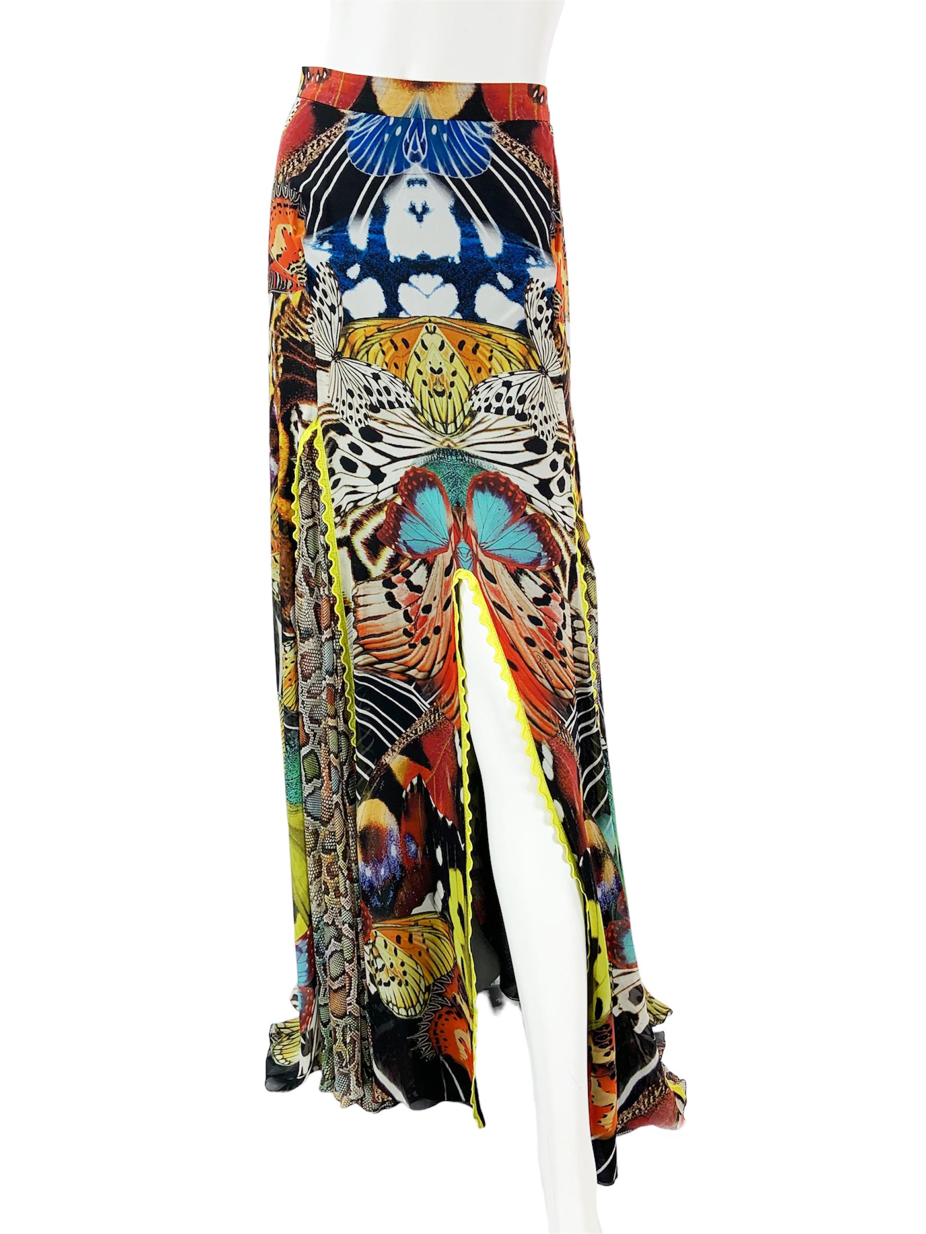 Black New Roberto Cavalli Butterfly Print Silk Maxi Skirt Italian size 40 For Sale