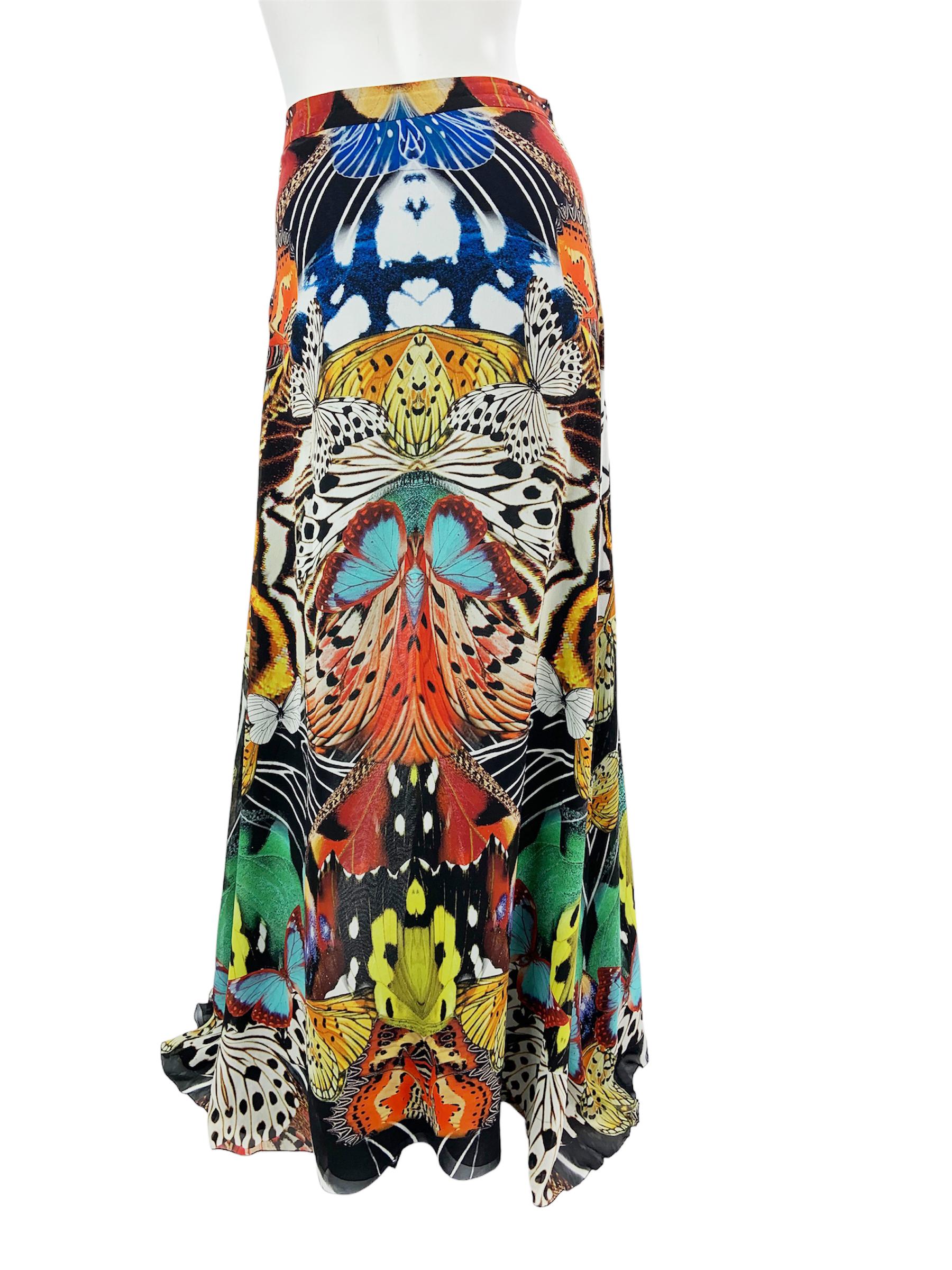 Women's New Roberto Cavalli Butterfly Print Silk Maxi Skirt Italian size 40 For Sale