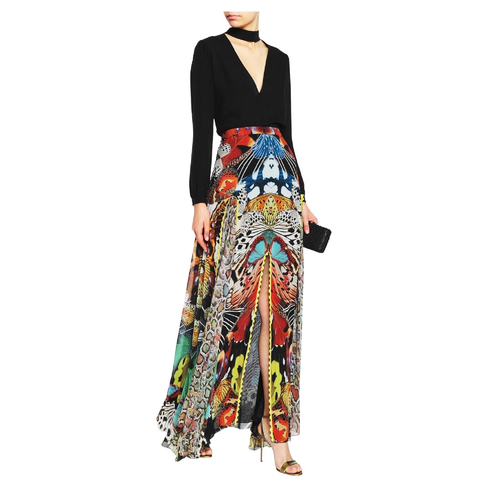 New Roberto Cavalli Butterfly Print Silk Maxi Skirt Italian size 40 For Sale