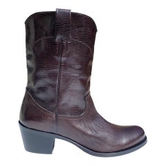 New Roberto Cavalli Dark Brown Lizard Print Leather Western Cowboy Boots for Men