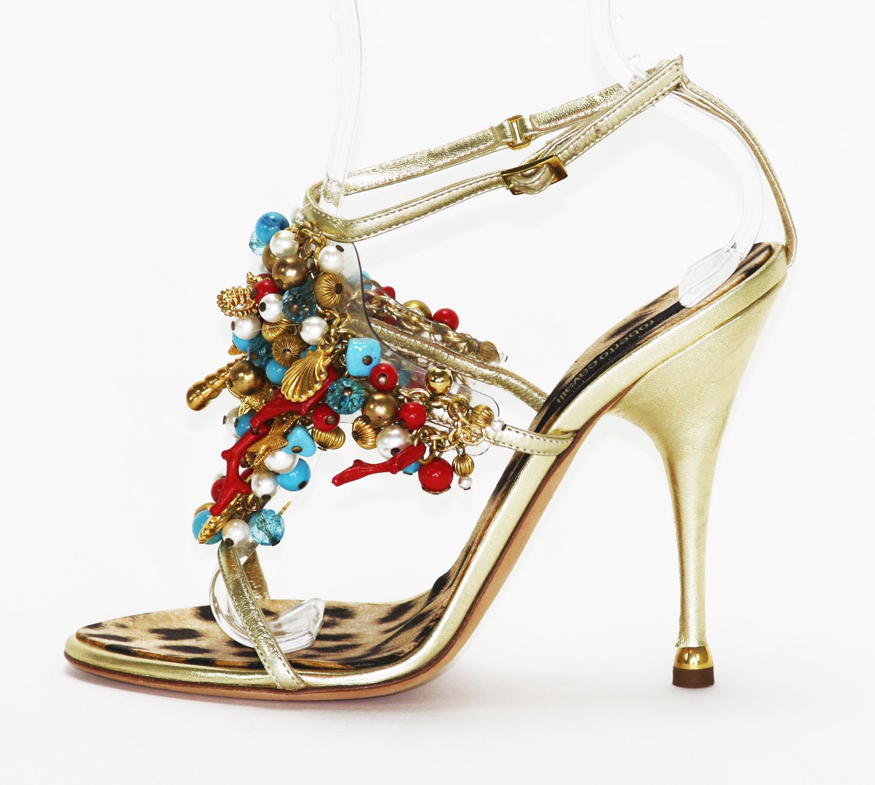 Neu Roberto Cavalli verschönerte Gold Leder Schuhe Sandalen It.38,5 - US 8,5 1