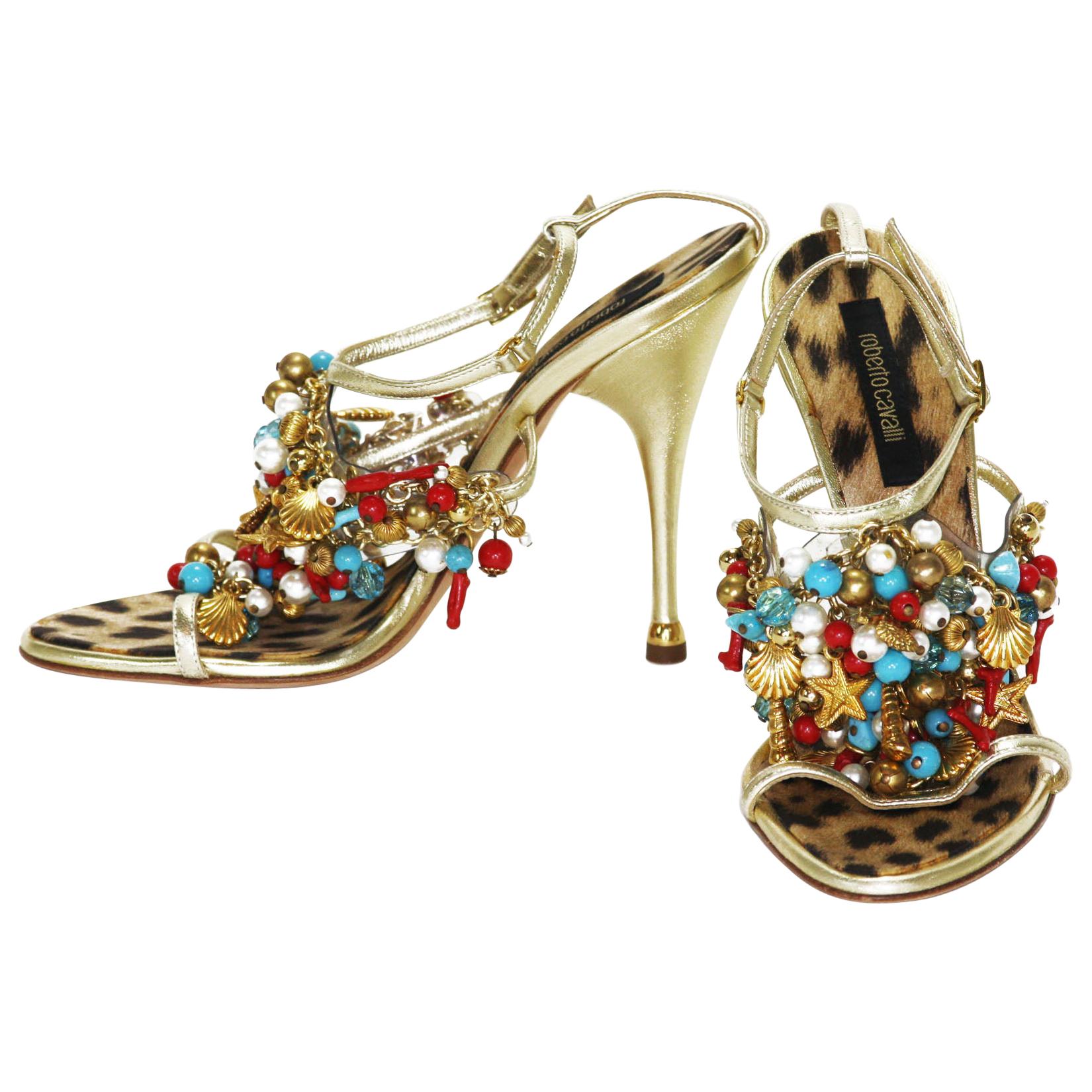 New Roberto Cavalli Embellished Gold Leather Shoes Sandals It.38.5 - US 8.5