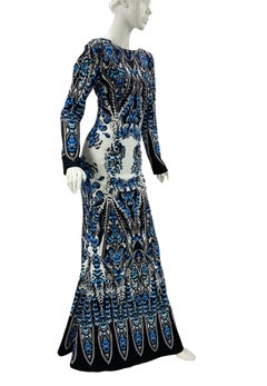New Roberto Cavalli Feather Print Blue White Dress Gown Italian 36