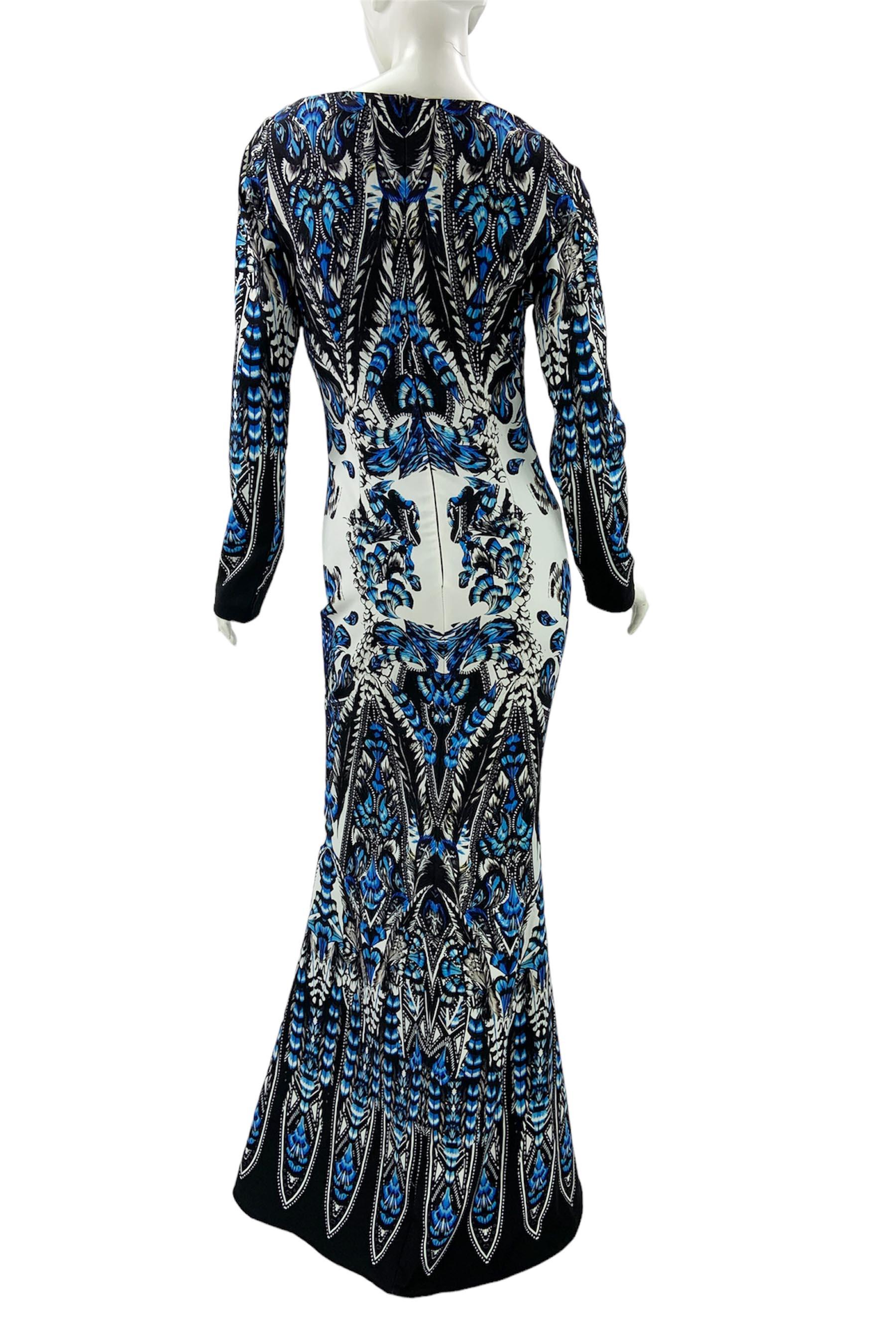 New Roberto Cavalli Feather Print Blue White Dress Gown Italian 36 In New Condition For Sale In Montgomery, TX