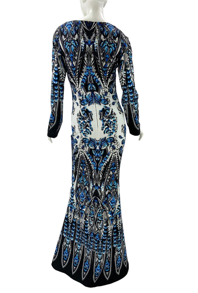 New Roberto Cavalli Feather Print Blue White Dress Gown Italian 36 For Sale  at 1stDibs