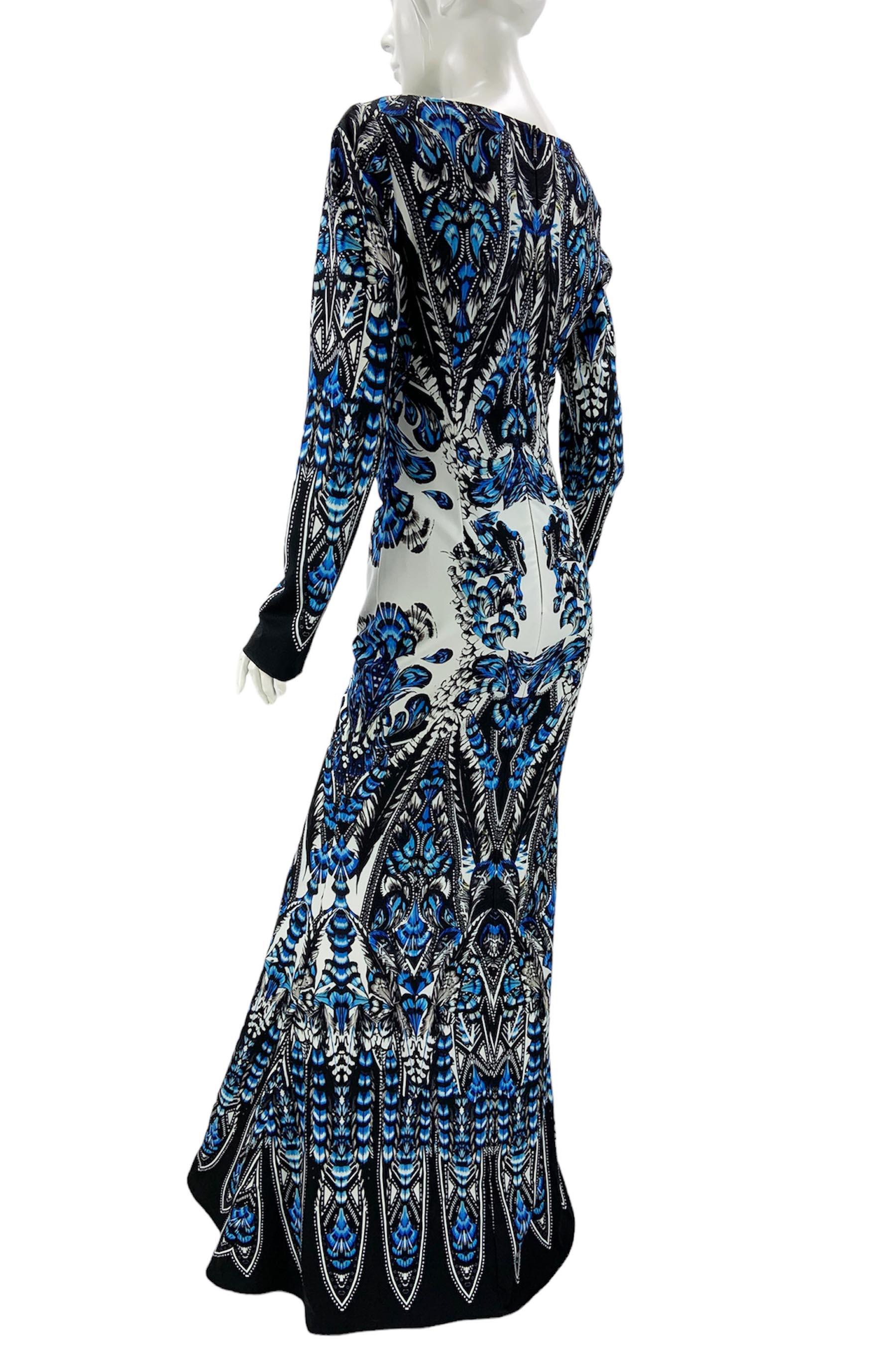 Women's New Roberto Cavalli Feather Print Blue White Dress Gown Italian 36 For Sale