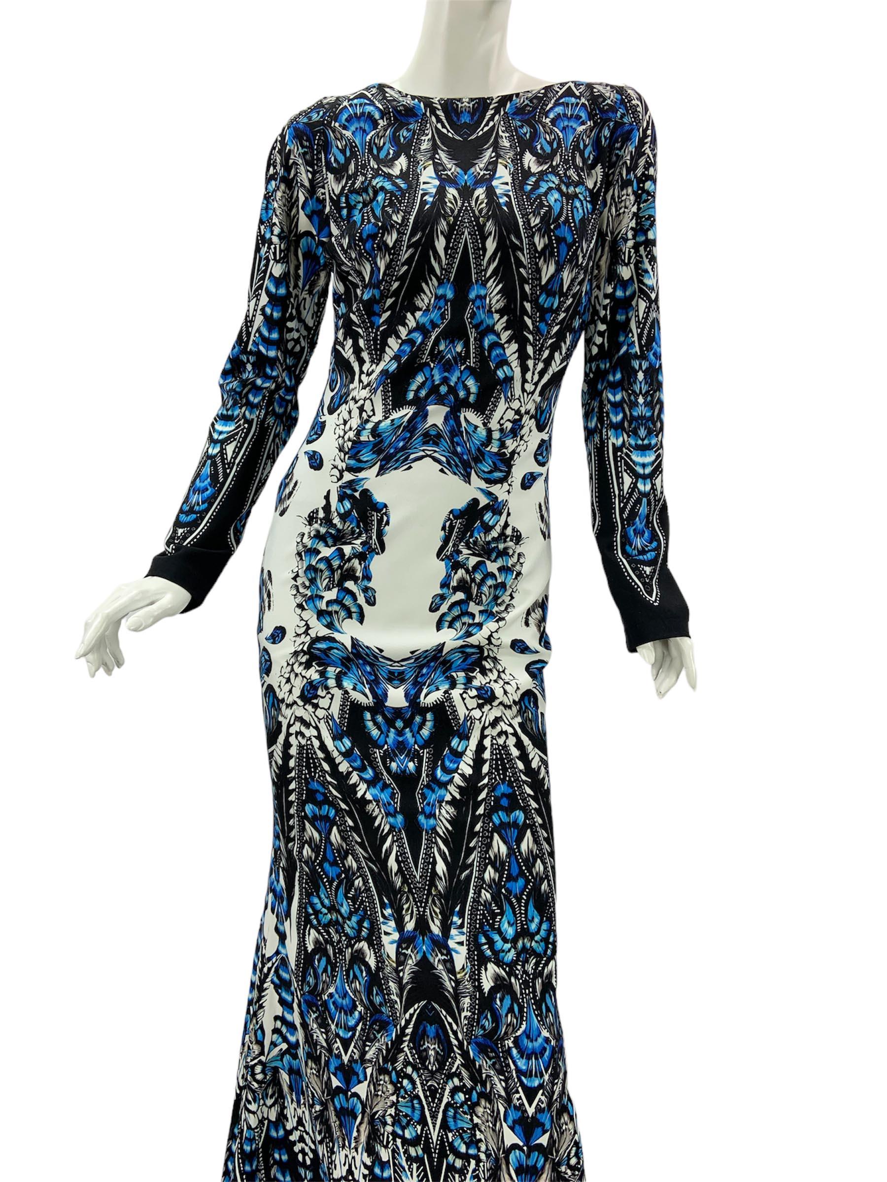 New Roberto Cavalli Feather Print Blue White Dress Gown Italian 36 For Sale 1