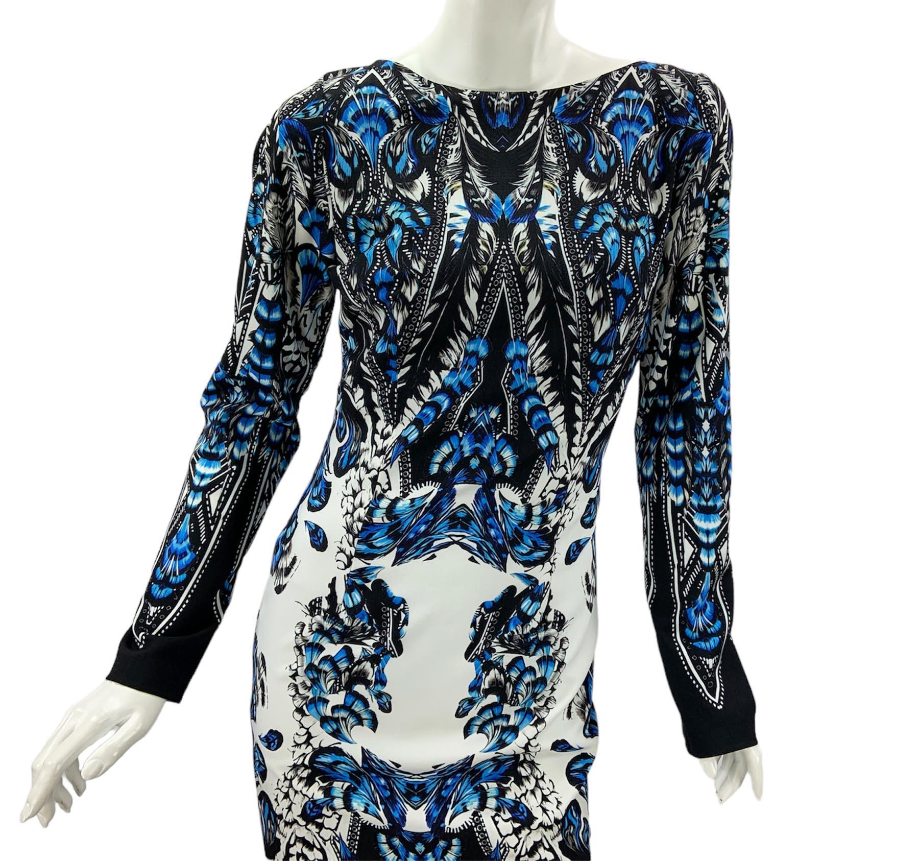 New Roberto Cavalli Feather Print Blue White Dress Gown Italian 36 For Sale 2
