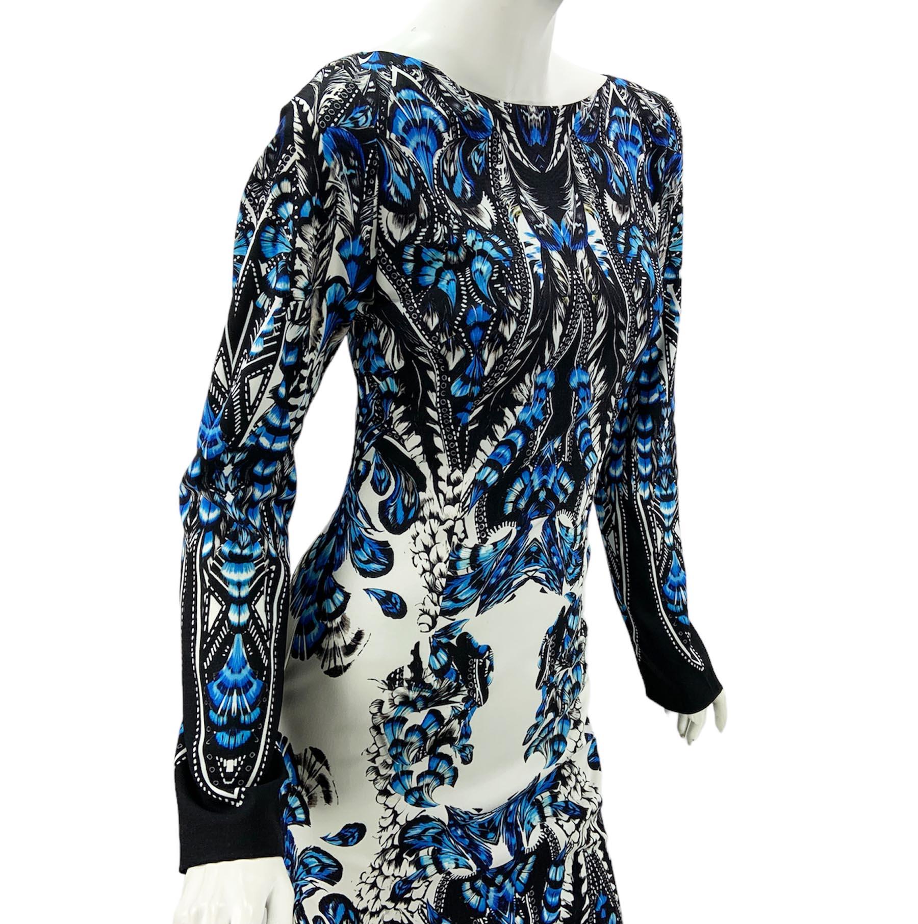 New Roberto Cavalli Feather Print Blue White Dress Gown Italian 36 For Sale 3