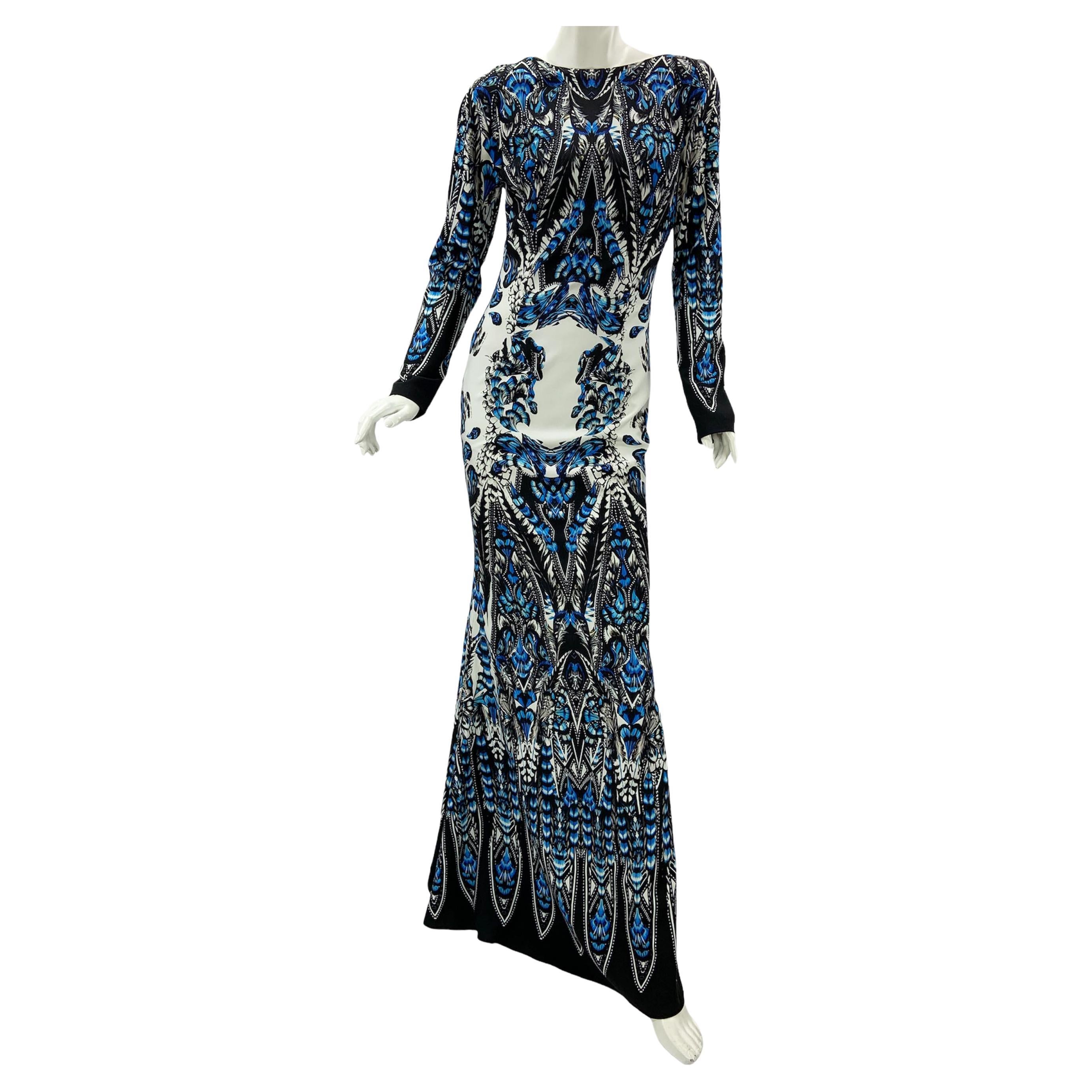 New Roberto Cavalli Feather Print Blue White Dress Gown Italian 36 For Sale